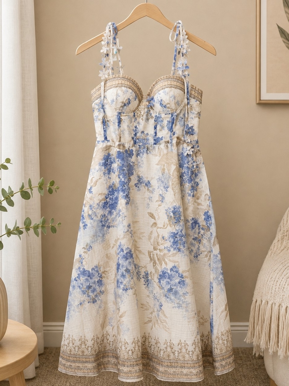 Floral Lace-Trim Bustier Midi Dress in Blue and Cream